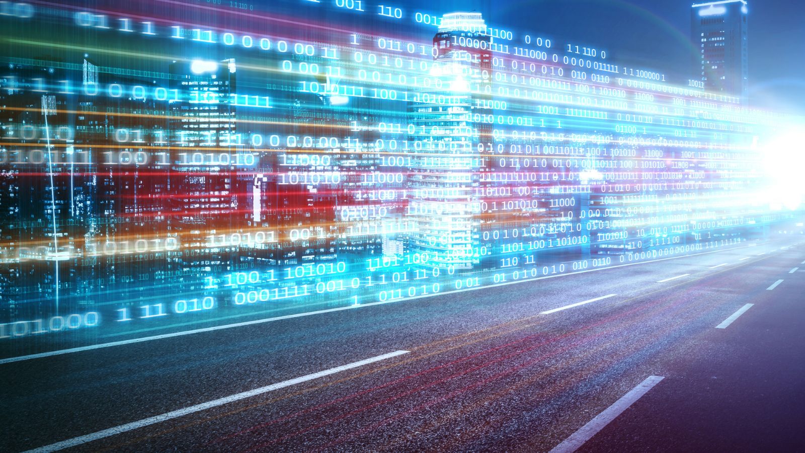 Digital data stream over a highway with motion blur, illustrating AI traffic management and automated workflows