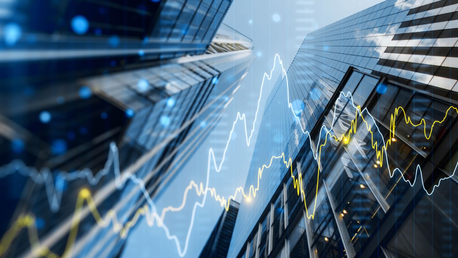 City skyline with overlaid financial charts, representing ROI and reduced metadata debt from automation