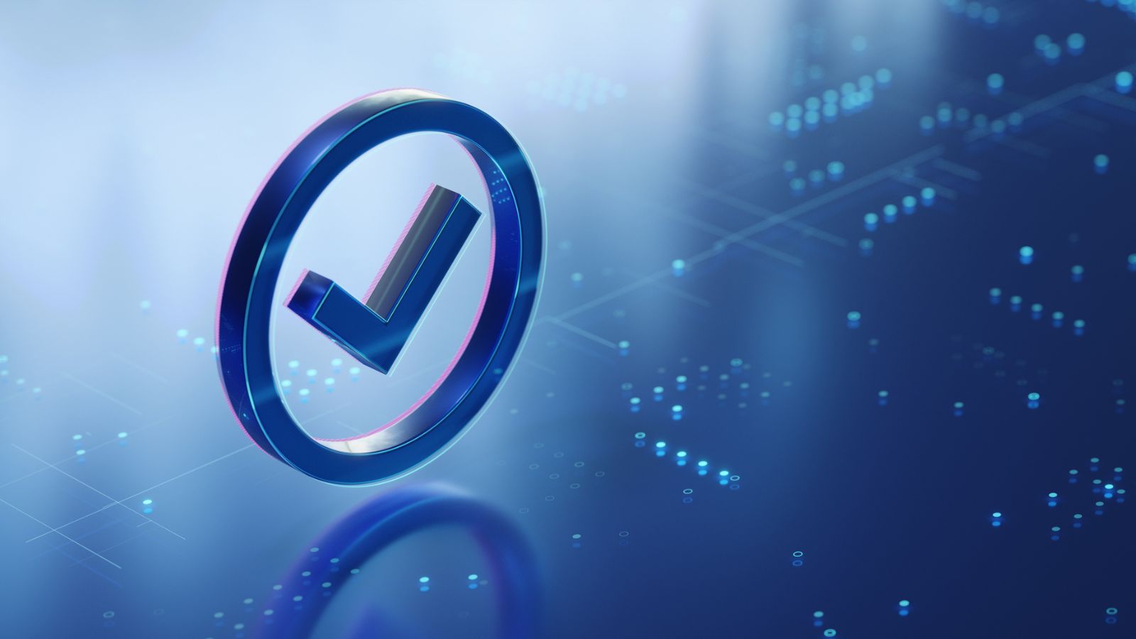 3D check mark icon on a blue digital background representing quality verification and metrics.