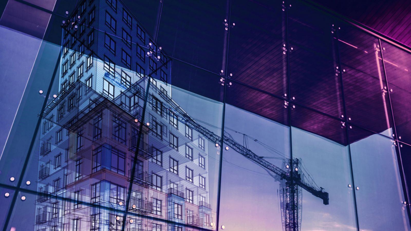 A construction crane and new skyscraper reflected in the glass facade of a modern office building representing the structural foundation of brand-anchored AI content systems