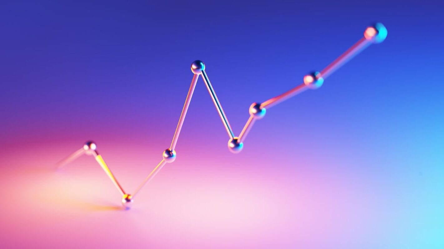 A glowing blue and purple single-line graph on a dark blue background representing the growth trajectory of AI-powered multilingual content generation