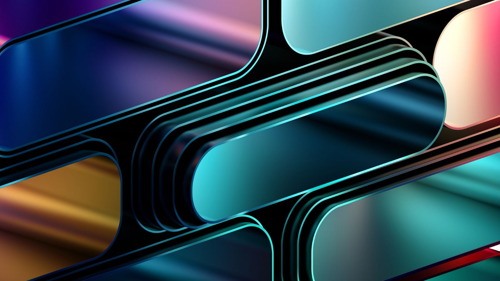 Abstract 3D background with rounded rectangles in a dynamic formation representing the parallel generation of multilingual marketing assets across multiple markets simultaneously