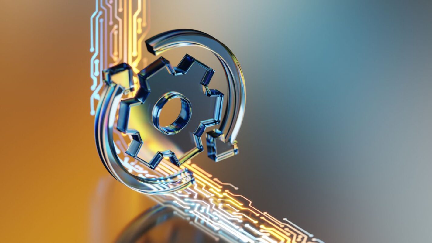 A glass three dimensional gear icon with circular arrows represents the automated workflow of AI driven language quality assurance