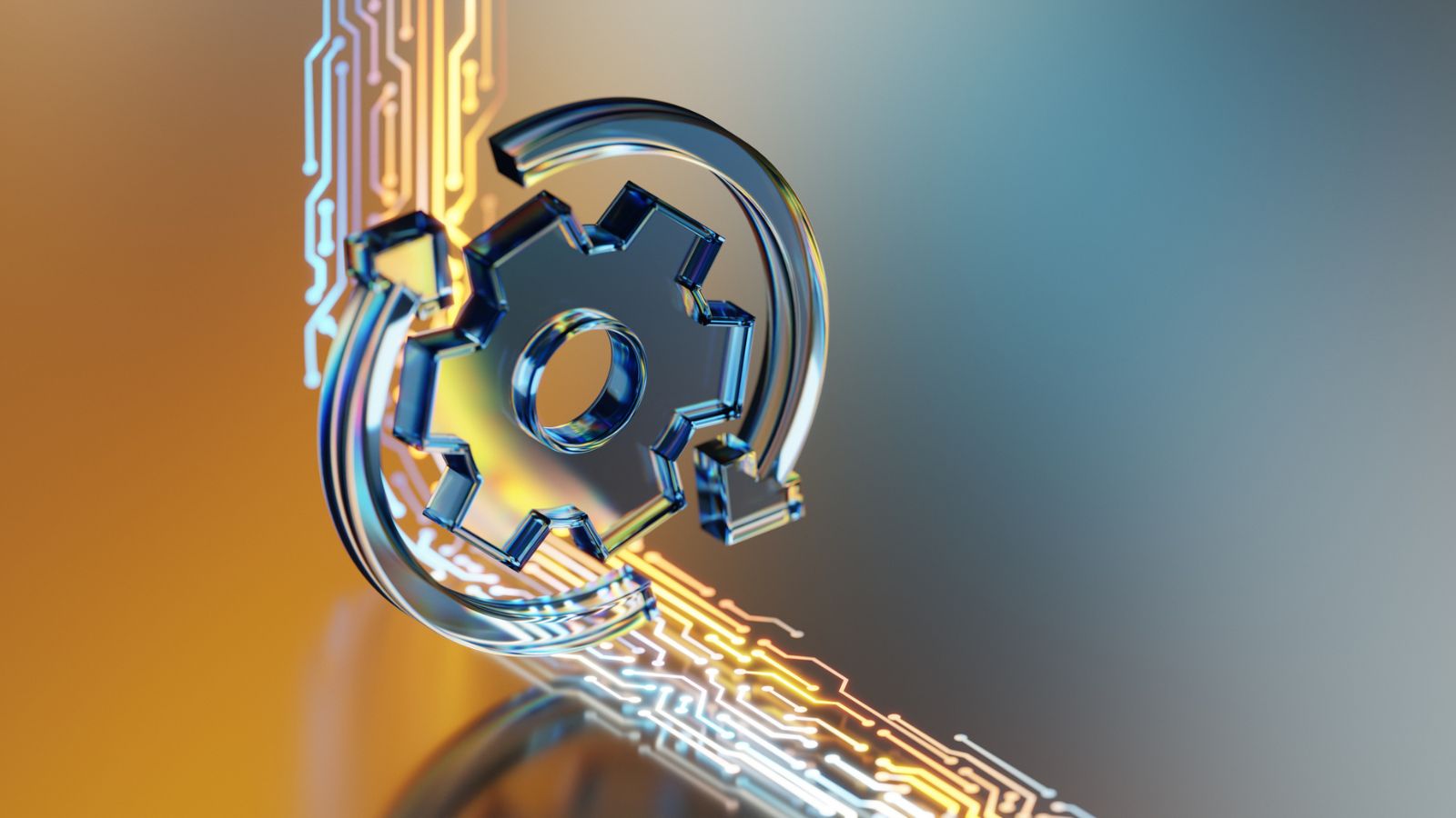 A glass three dimensional gear icon with circular arrows represents the automated workflow of AI driven language quality assurance