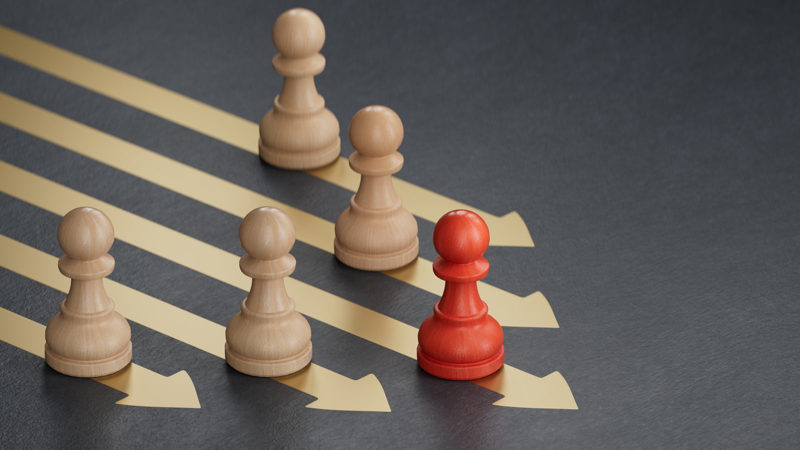Wooden chess pawns following arrows with one red pawn on its own path showing when localized training needs human translation