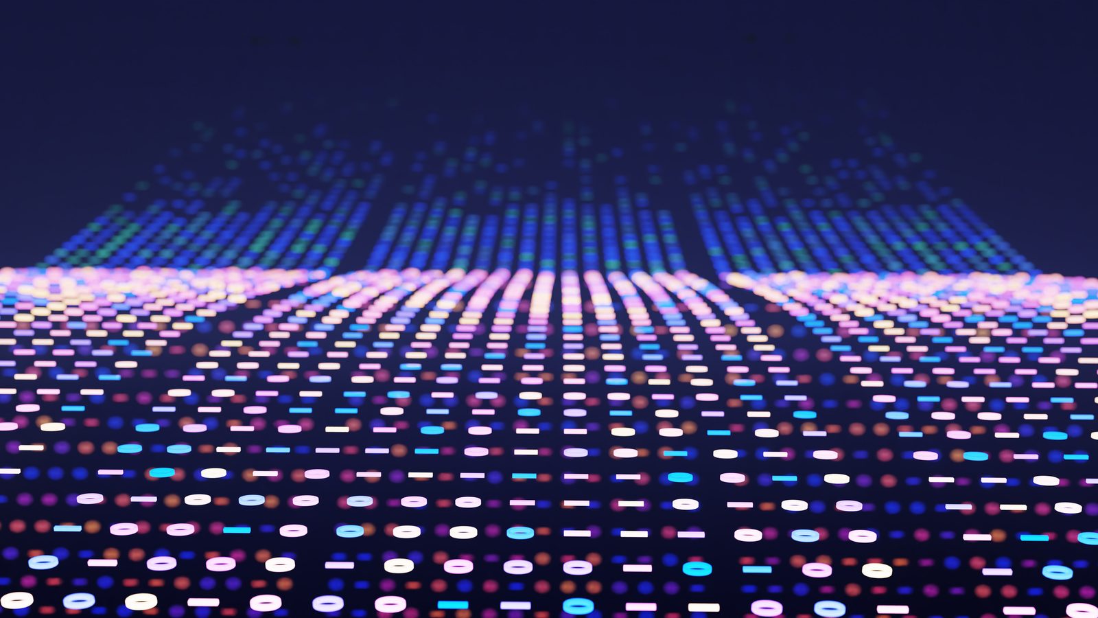 Glowing rows of colorful dots forming a digital wave representing how long video localization takes for different source files