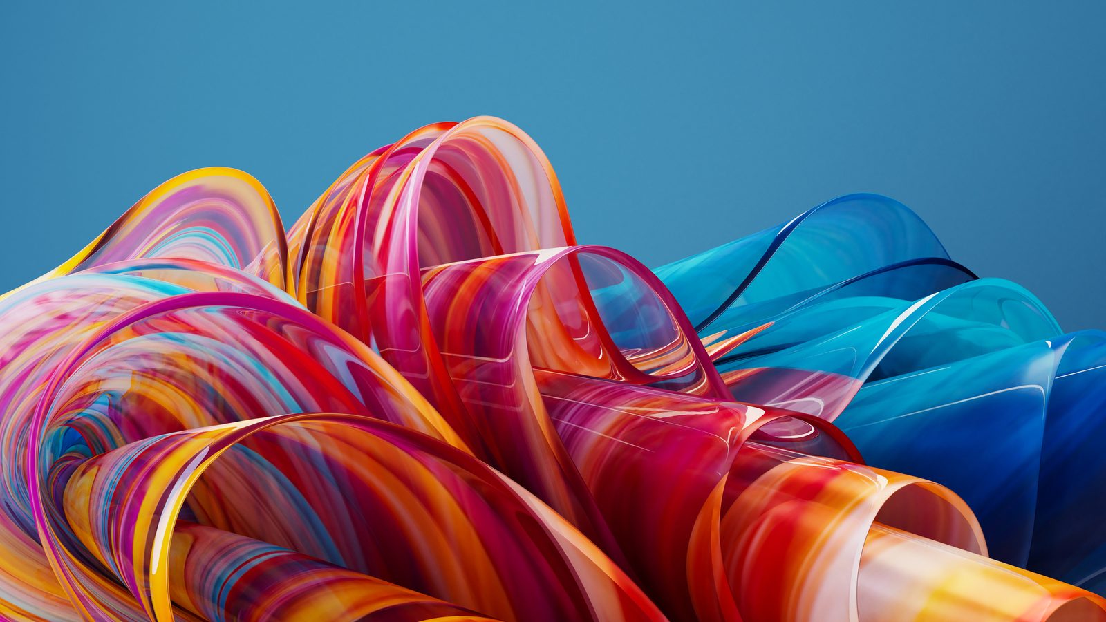 Flowing multicolored glossy abstract shapes on blue showing that monolithic software setups are not unique to localization