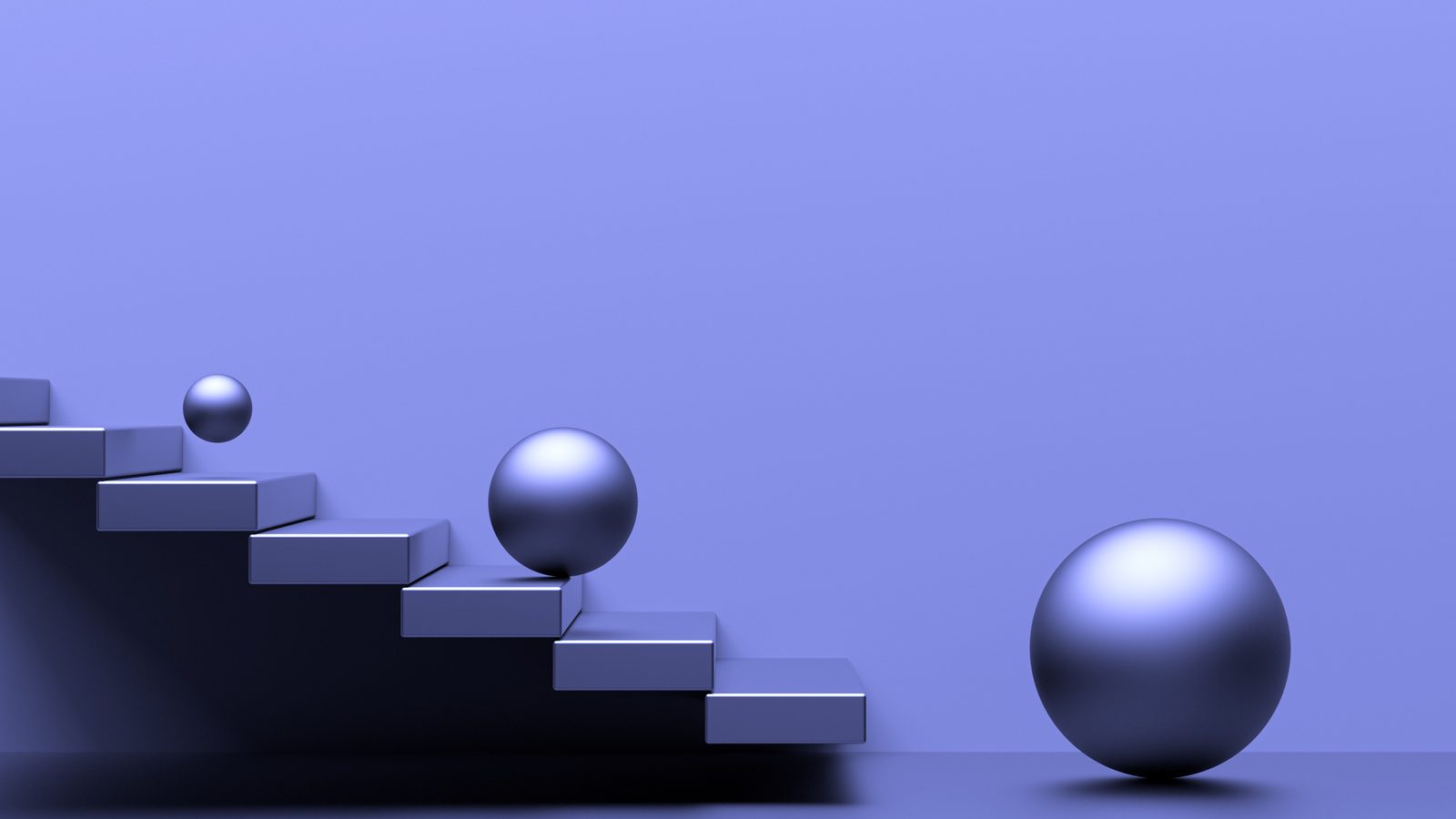 Metallic spheres rolling down steps on a purple background representing the step by step video localization process